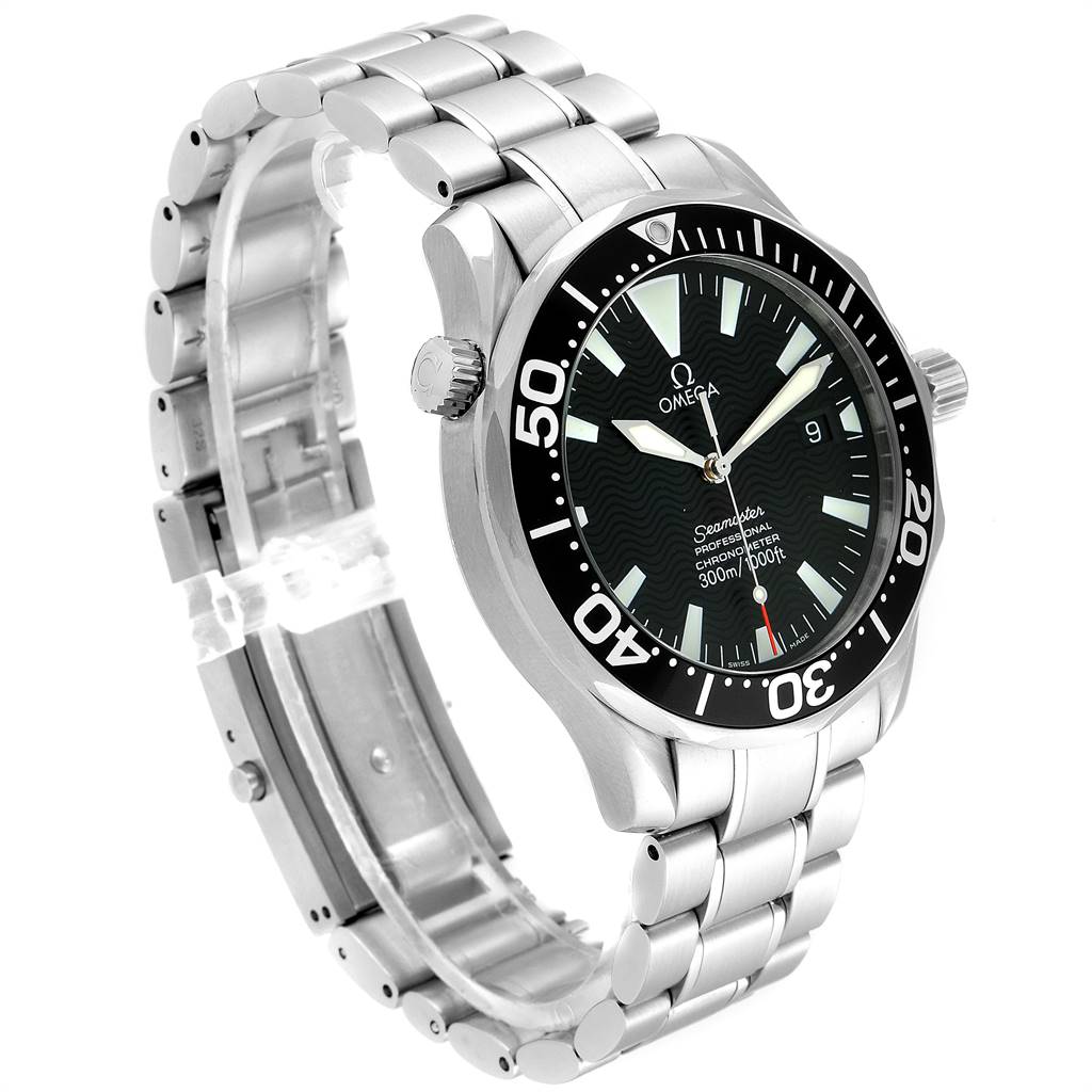 The Omega Seamaster 2254.50.00 Men
s Stainless Steel Black Dial 2254.50.00 Men
s Stainless Steel Black Dial watch is shown at a side angle, displaying its face, band, and bezel.