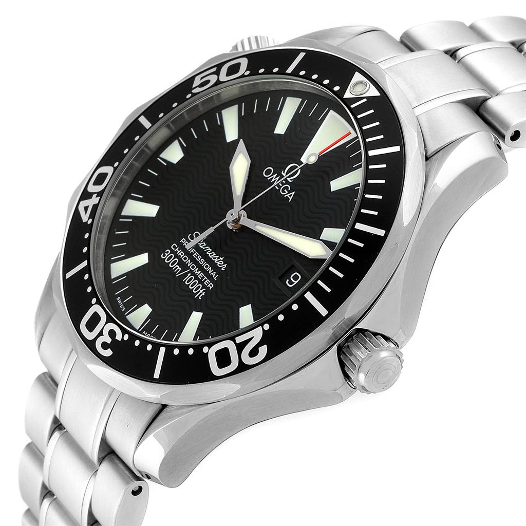 The image shows an Omega Seamaster 2254.50.00 Men
s Stainless Steel Black Dial 2254.50.00 Men
s Stainless Steel Black Dial watch from an oblique angle, highlighting its face, bezel, and stainless steel bracelet.