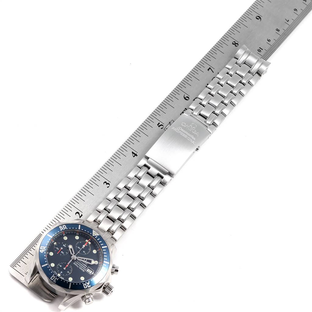 The Omega Seamaster 2599.80.00 Men
s Stainless Steel Blue Dial 2599.80.00 Men
s Stainless Steel Blue Dial watch is shown from a top-down angle, displaying the face, bezel, and bracelet with a clasp.