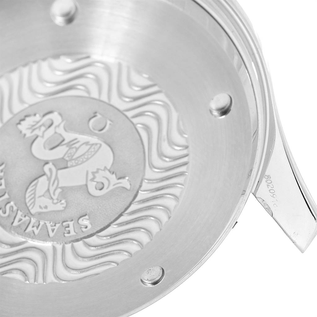 The image shows the case back of an Omega Seamaster 2599.80.00 Men
s Stainless Steel Blue Dial 2599.80.00 Men
s Stainless Steel Blue Dial watch from a top-down angle, featuring the engraved Seahorse logo.