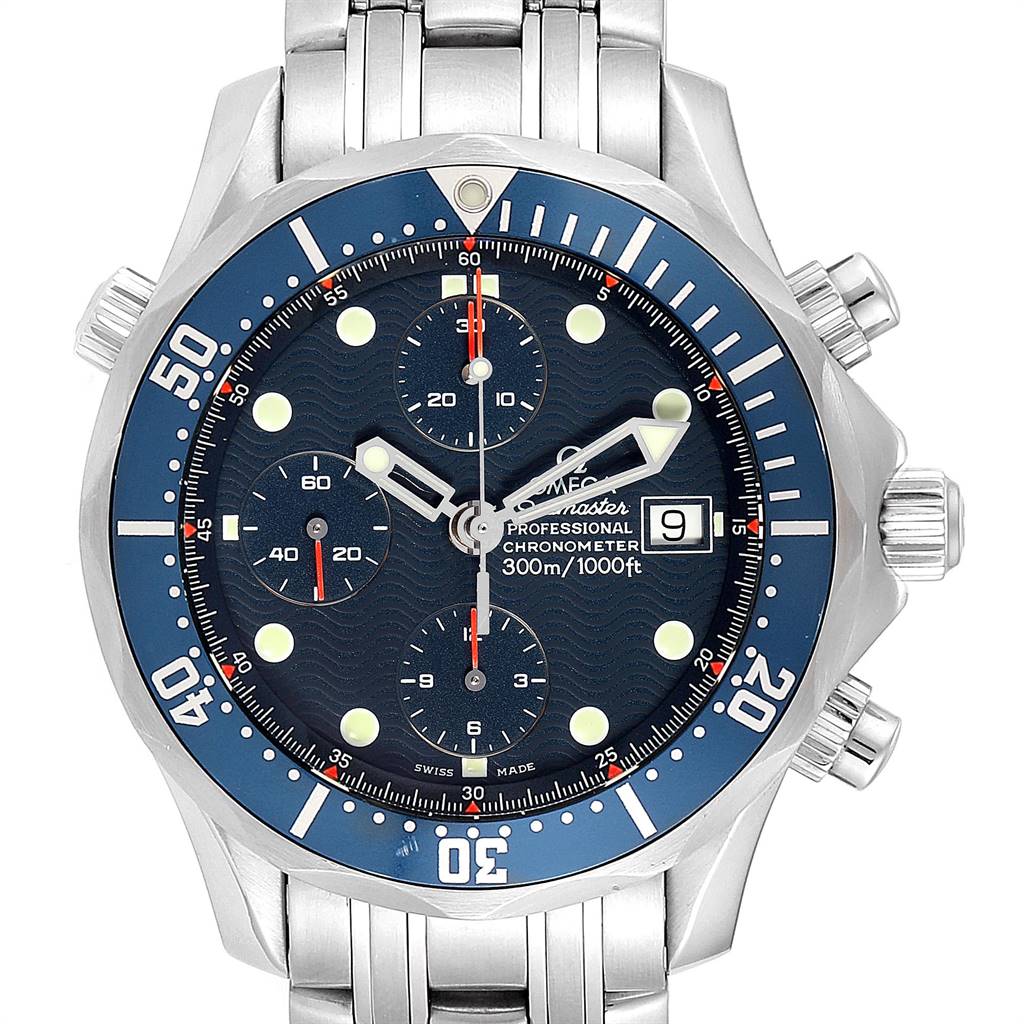 The Omega Seamaster 2599.80.00 Men
s Stainless Steel Blue Dial 2599.80.00 Men
s Stainless Steel Blue Dial watch is shown from the front, displaying the dial, bezel, subdials, and bracelet.
