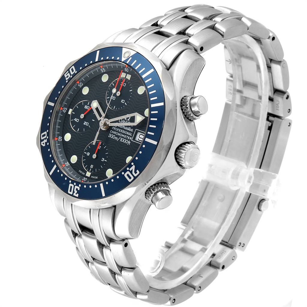 The image shows a side angle of an Omega Seamaster 2599.80.00 Men
s Stainless Steel Blue Dial 2599.80.00 Men
s Stainless Steel Blue Dial watch highlighting its dial, bezel, crown, and stainless steel bracelet.