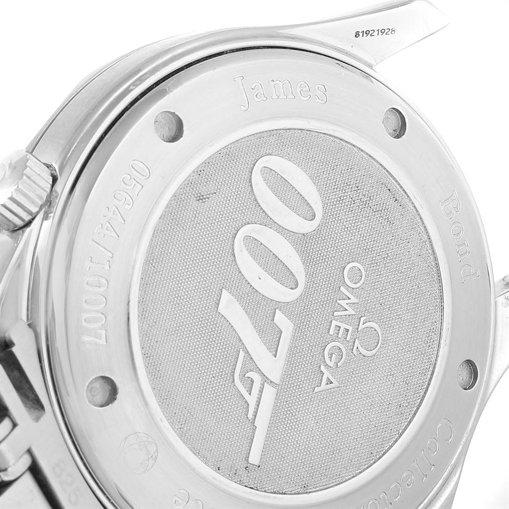 The image shows the case back of an Omega Seamaster 212.30.41.20.01.001 Men
s Stainless Steel Black Dial 212.30.41.20.01.001 Men
s Stainless Steel Black Dial watch with James Bond 007 branding.