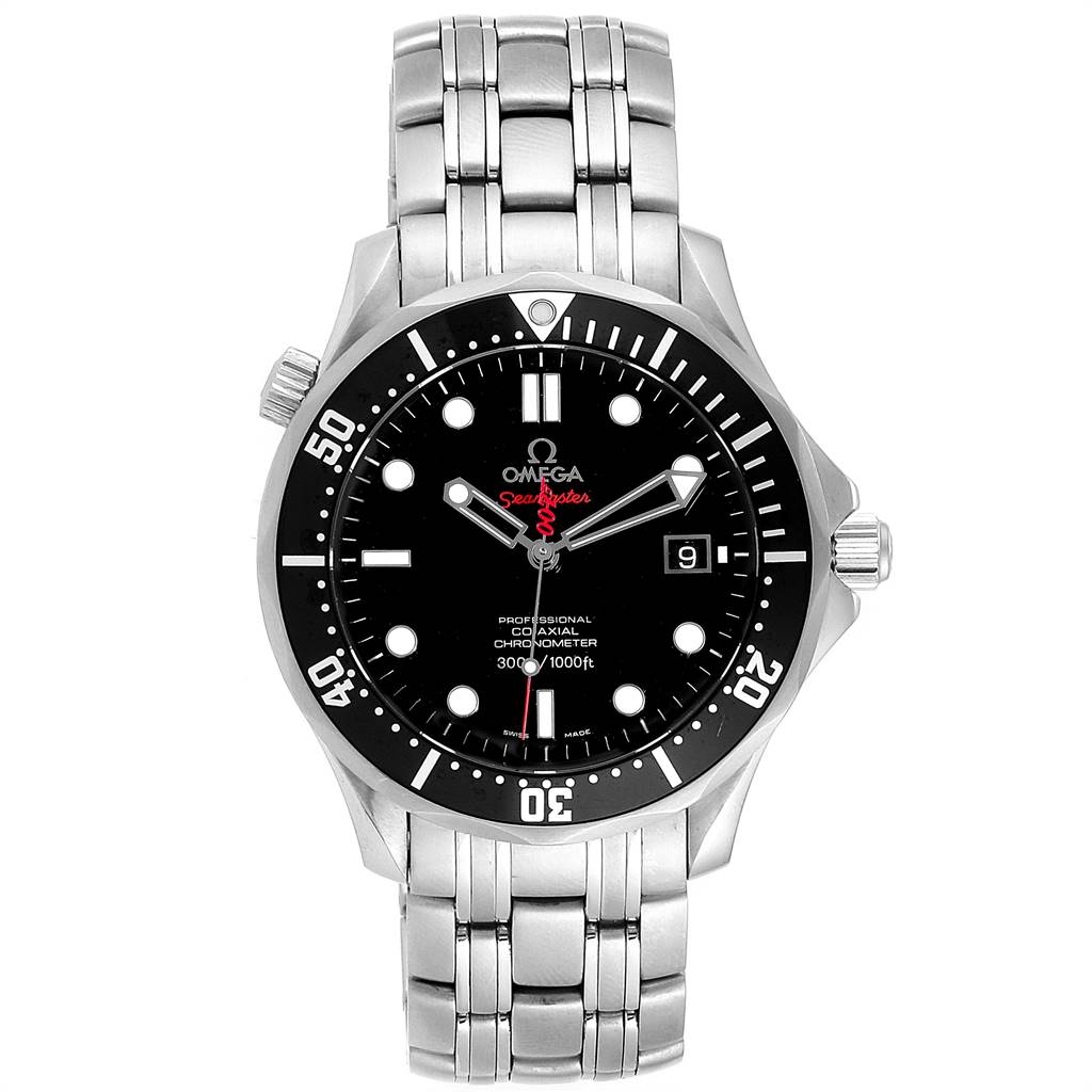 The image shows a front view of the Omega Seamaster 212.30.41.20.01.001 Men
s Stainless Steel Black Dial 212.30.41.20.01.001 Men
s Stainless Steel Black Dial watch, including its dial, bezel, case, and bracelet.