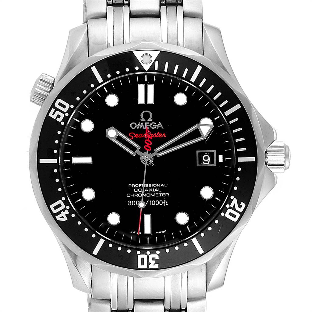 The image shows a front view of an Omega Seamaster 212.30.41.20.01.001 Men
s Stainless Steel Black Dial 212.30.41.20.01.001 Men
s Stainless Steel Black Dial watch displaying its black dial, hands, bezel, crown, and part of the bracelet.