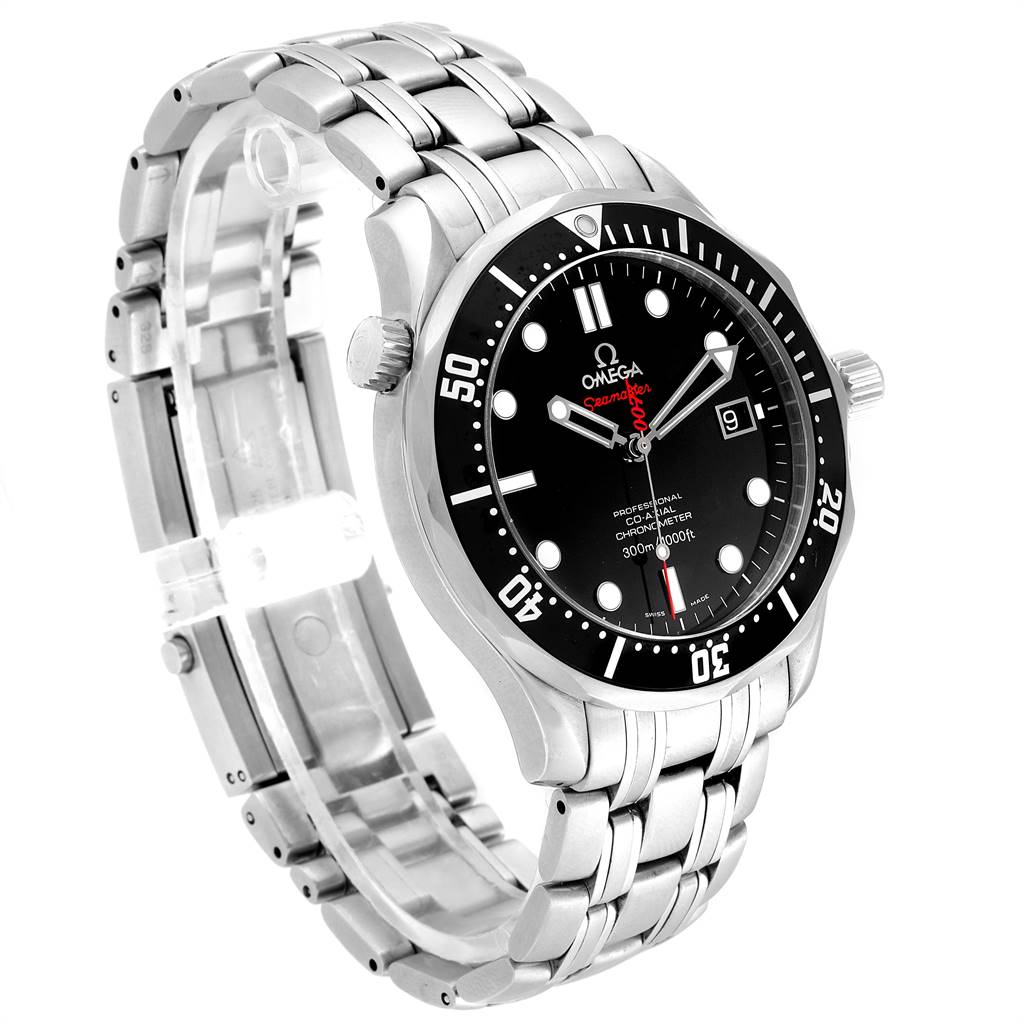 The image shows an Omega Seamaster 212.30.41.20.01.001 Men
s Stainless Steel Black Dial 212.30.41.20.01.001 Men
s Stainless Steel Black Dial watch from a side angle, highlighting the dial, bezel, and stainless steel bracelet.