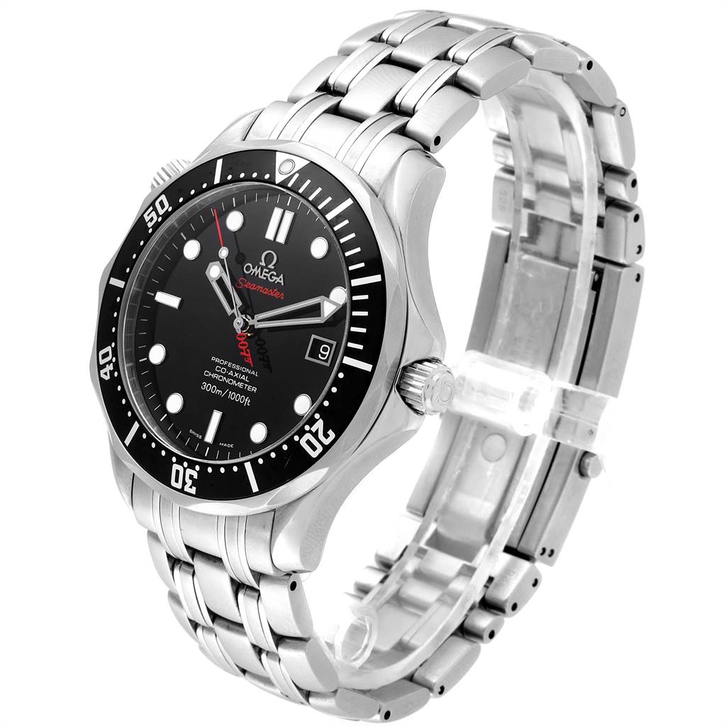 The Omega Seamaster 212.30.41.20.01.001 Men
s Stainless Steel Black Dial 212.30.41.20.01.001 Men
s Stainless Steel Black Dial watch is shown at an angle highlighting the face, bezel, crown, and stainless steel bracelet.