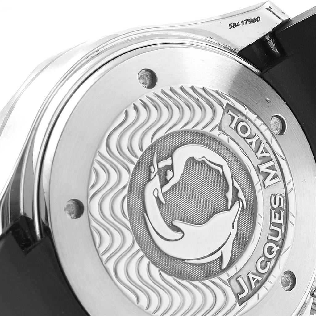 This image shows the engraved case back of an Omega Seamaster 2595.50.00 Men
s Stainless Steel Black Dial 2595.50.00 Men
s Stainless Steel Black Dial watch, featuring the "Jacques Mayol" design.