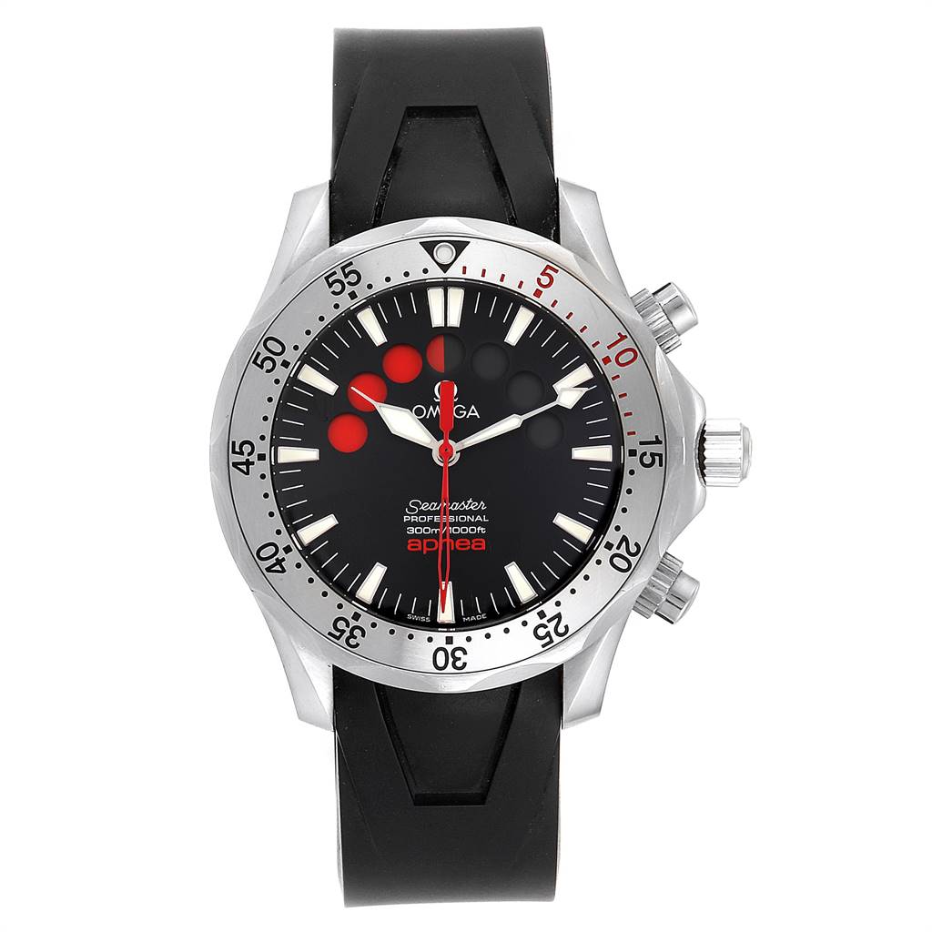 The Omega Seamaster 2595.50.00 Men
s Stainless Steel Black Dial 2595.50.00 Men
s Stainless Steel Black Dial watch is shown from a front angle, highlighting its dial, bezel, and rubber strap.