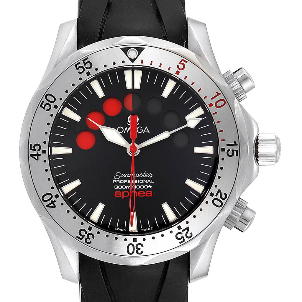 The image shows a front view of the Omega Seamaster 2595.50.00 Men
s Stainless Steel Black Dial 2595.50.00 Men
s Stainless Steel Black Dial watch, highlighting its dial, bezel, crown, and two pushers.