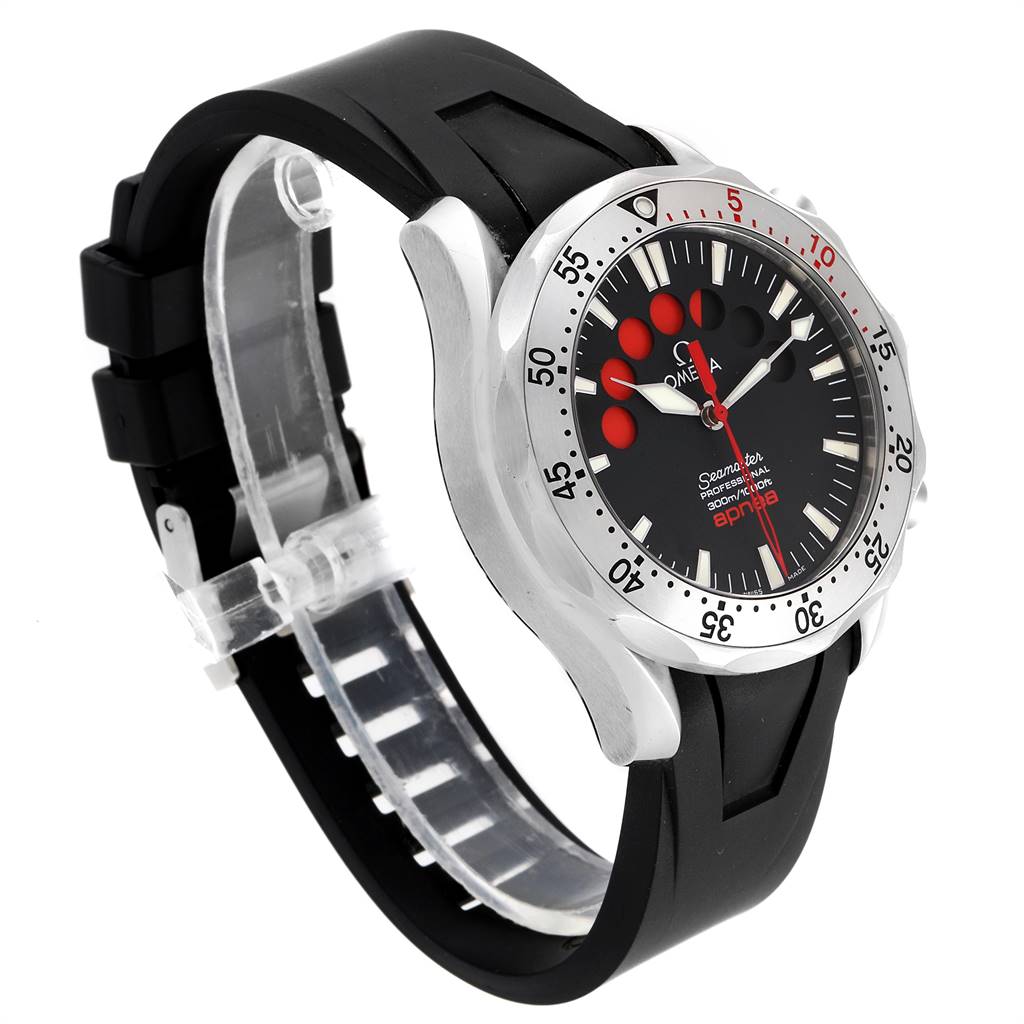 The Omega Seamaster 2595.50.00 Men
s Stainless Steel Black Dial 2595.50.00 Men
s Stainless Steel Black Dial watch is shown at a three-quarter angle, highlighting its black dial, bezel, and black strap.