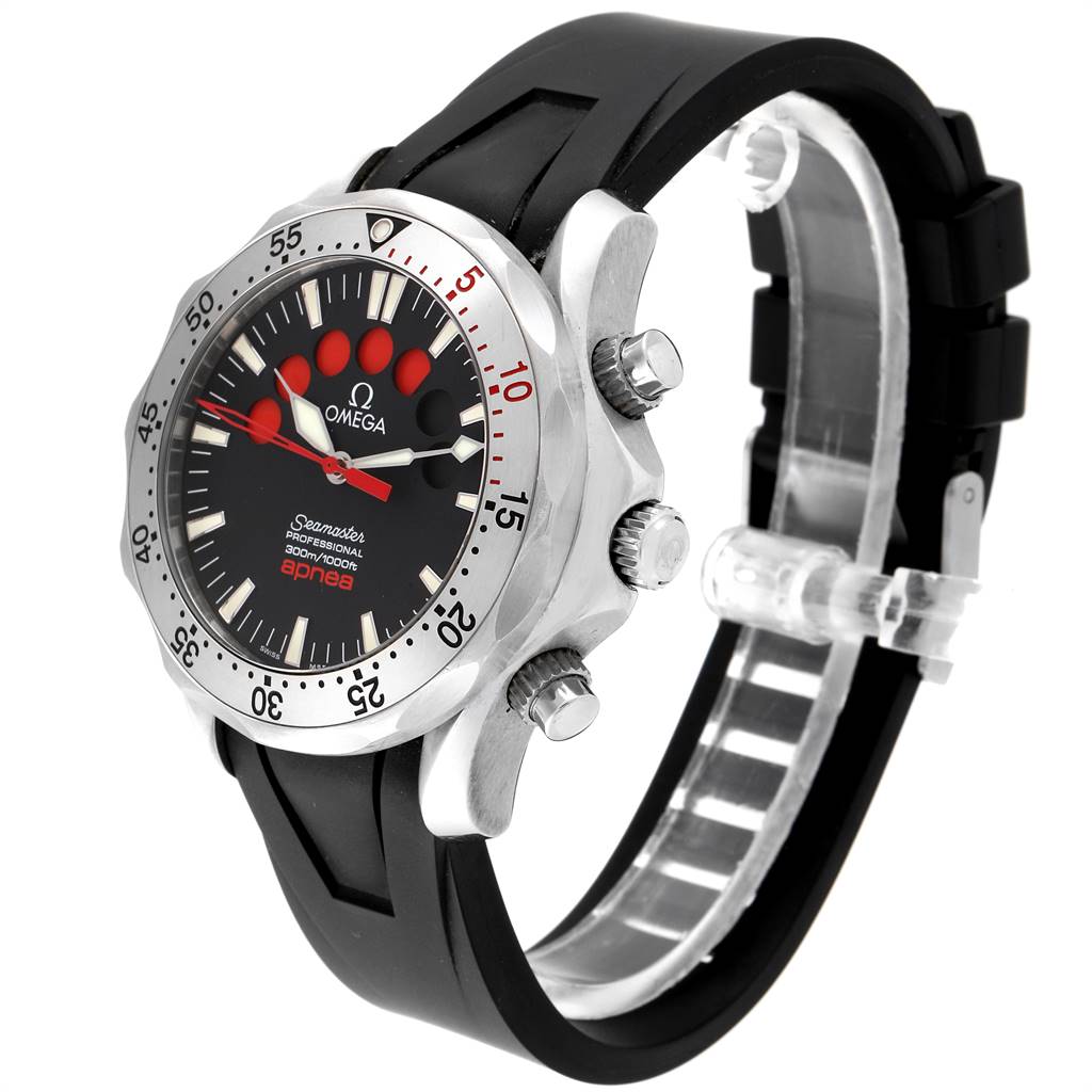 The Omega Seamaster 2595.50.00 Men
s Stainless Steel Black Dial 2595.50.00 Men
s Stainless Steel Black Dial watch is shown at an angle highlighting the face, bezel, crown, and side buttons, with a black strap.