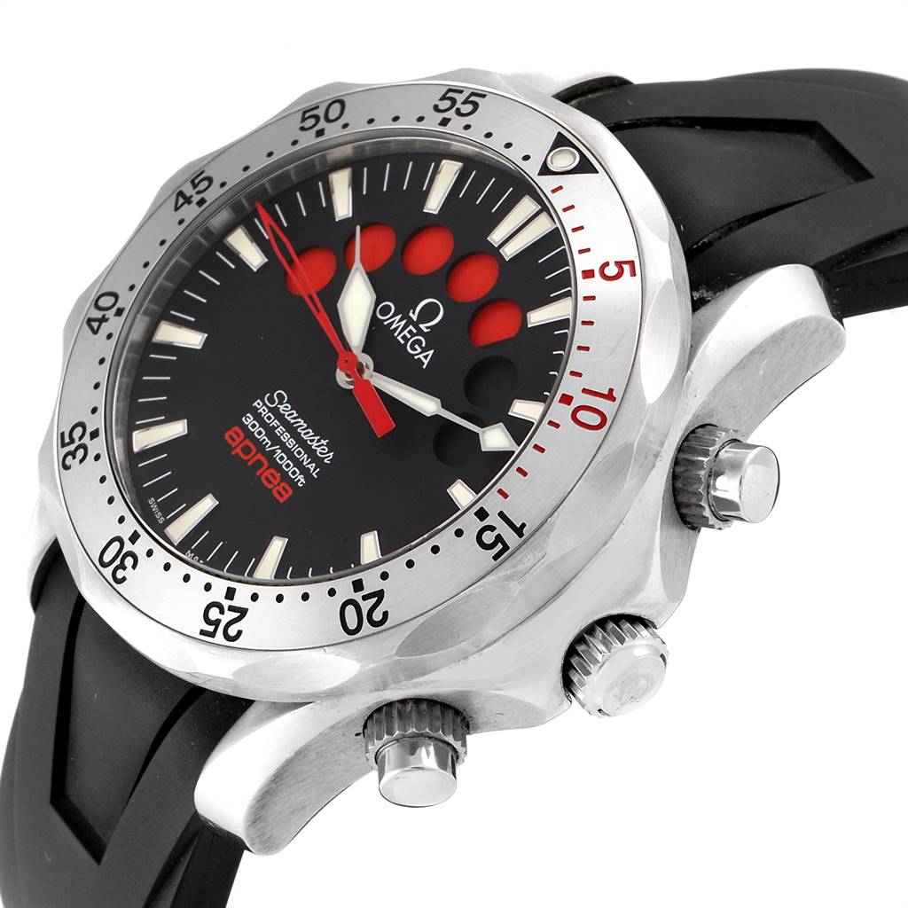 The Omega Seamaster 2595.50.00 Men
s Stainless Steel Black Dial 2595.50.00 Men
s Stainless Steel Black Dial watch is shown at an angle, displaying the face, bezel, buttons, and part of the strap.