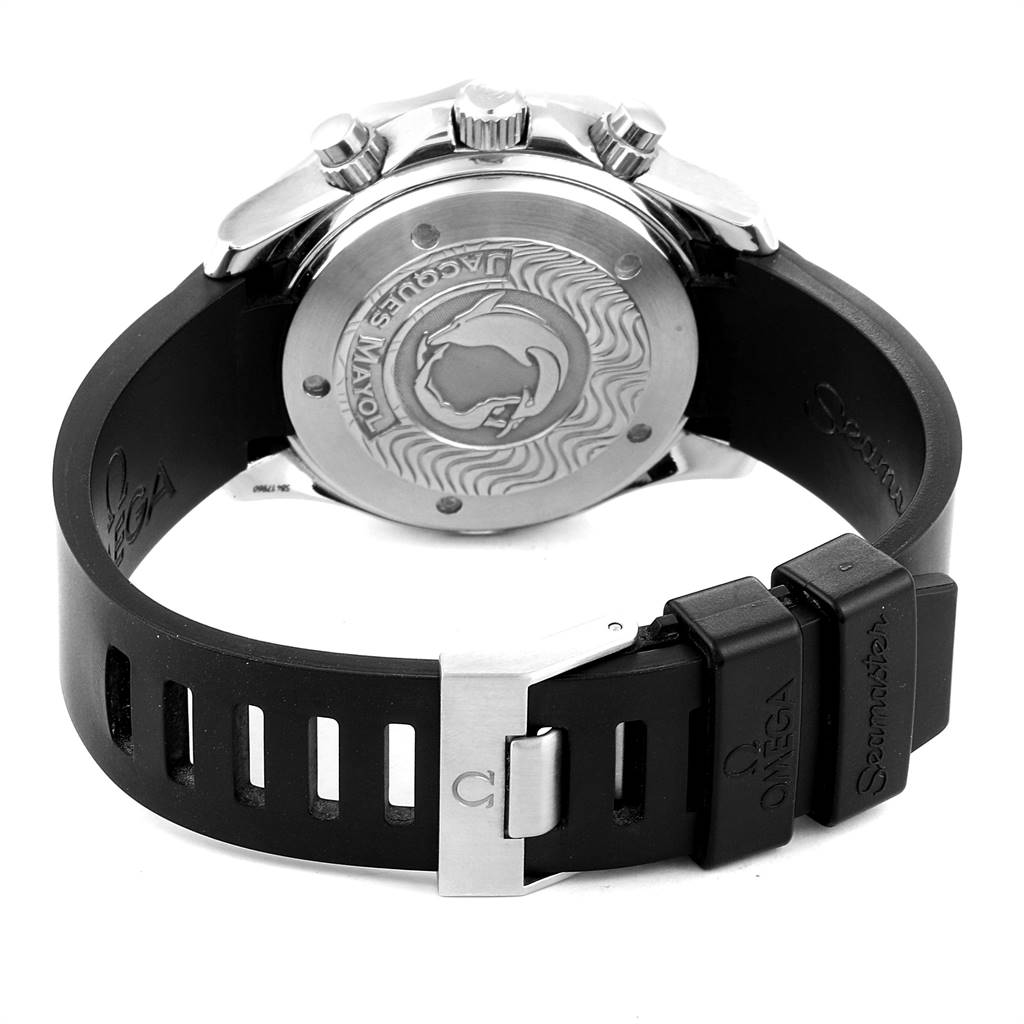 The image shows the back case and band clasp of an Omega Seamaster 2595.50.00 Men
s Stainless Steel Black Dial 2595.50.00 Men
s Stainless Steel Black Dial watch, highlighting the caseback engraving and rubber strap details.