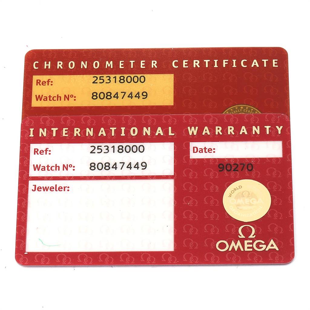 This image shows the chronometer certificate and international warranty cards for an Omega Seamaster 2531.80.00 Men
s Stainless Steel Blue Dial 2531.80.00 Men
s Stainless Steel Blue Dial watch model.