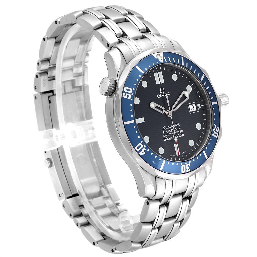 The Omega Seamaster 2531.80.00 Men
s Stainless Steel Blue Dial 2531.80.00 Men
s Stainless Steel Blue Dial watch is shown at a three-quarter angle displaying the dial, bezel, crown, and part of the bracelet.