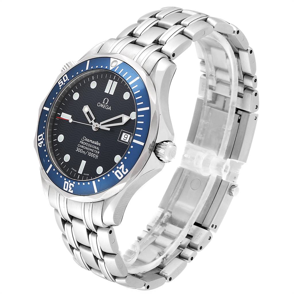 The Omega Seamaster 2531.80.00 Men
s Stainless Steel Blue Dial 2531.80.00 Men
s Stainless Steel Blue Dial watch is shown at an angled view, displaying the face, bezel, crown, and stainless steel bracelet.