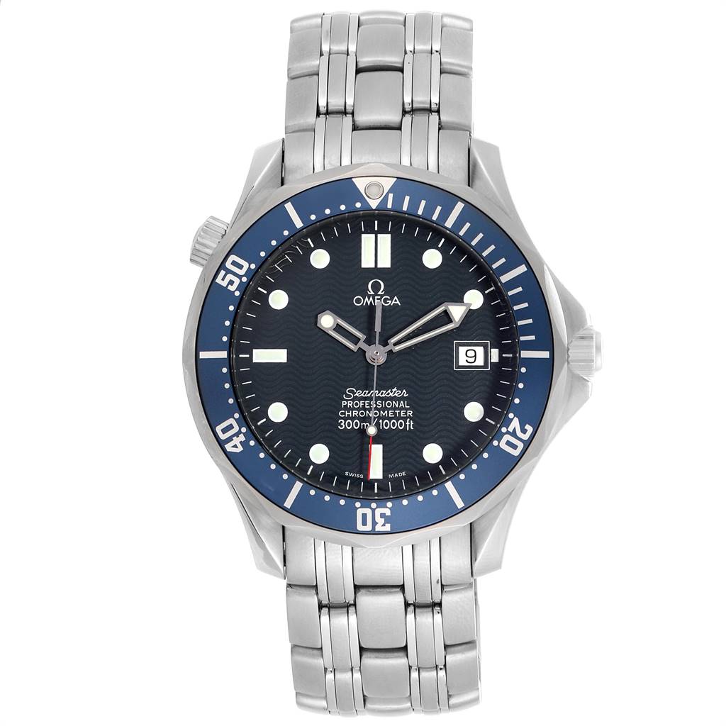 The Omega Seamaster 2531.80.00 Men
s Stainless Steel Blue Dial 2531.80.00 Men
s Stainless Steel Blue Dial watch is shown in a front view, highlighting its face, bezel, and metal bracelet.