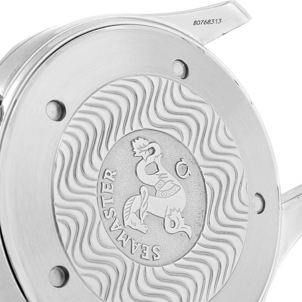 The image shows the case back of an Omega Seamaster 2254.50.00 Men
s Stainless Steel Black Dial 2254.50.00 Men
s Stainless Steel Black Dial watch, featuring its engraved design.