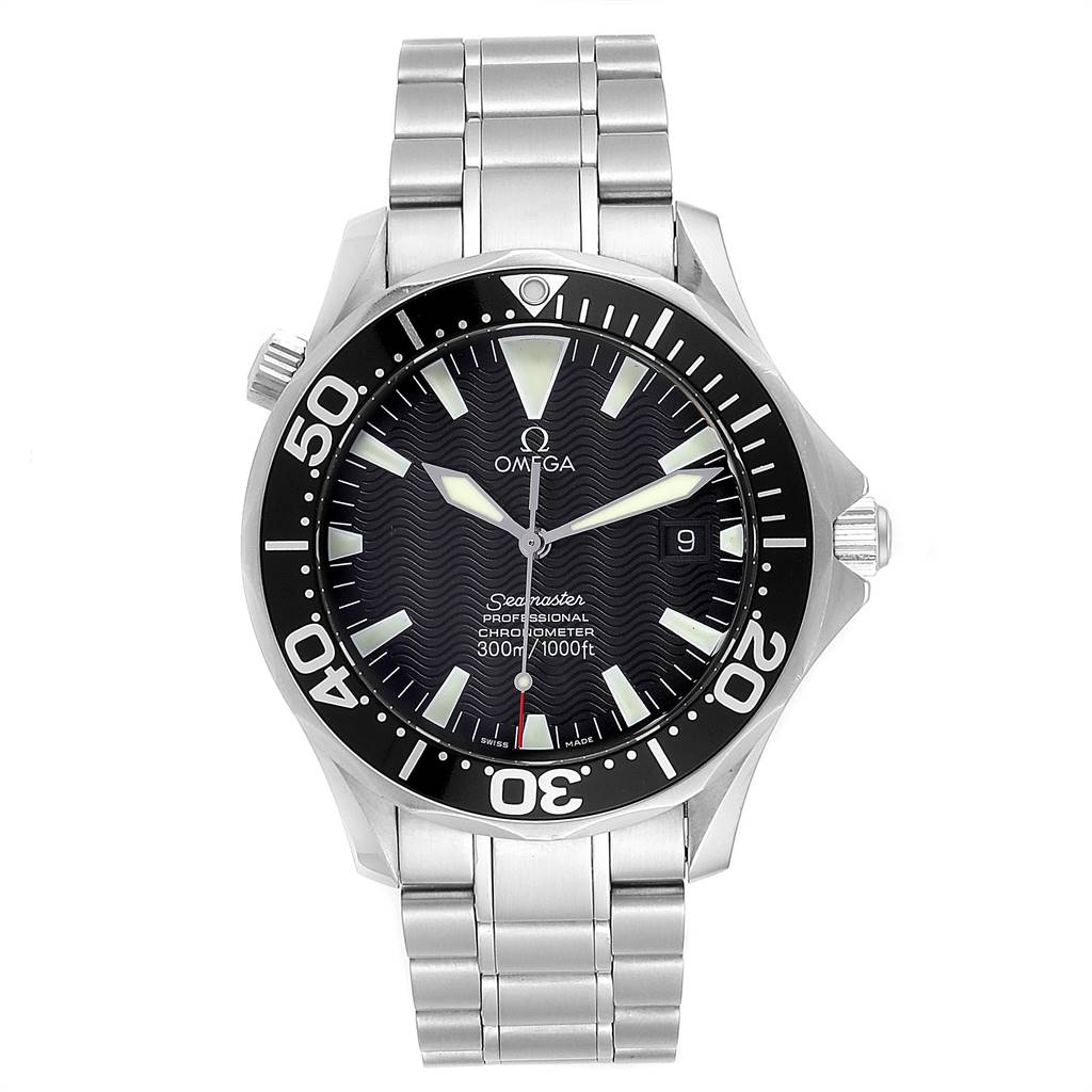 The image shows a front view of the Omega Seamaster 2254.50.00 Men
s Stainless Steel Black Dial 2254.50.00 Men
s Stainless Steel Black Dial watch, displaying its face, bezel, and stainless steel bracelet.