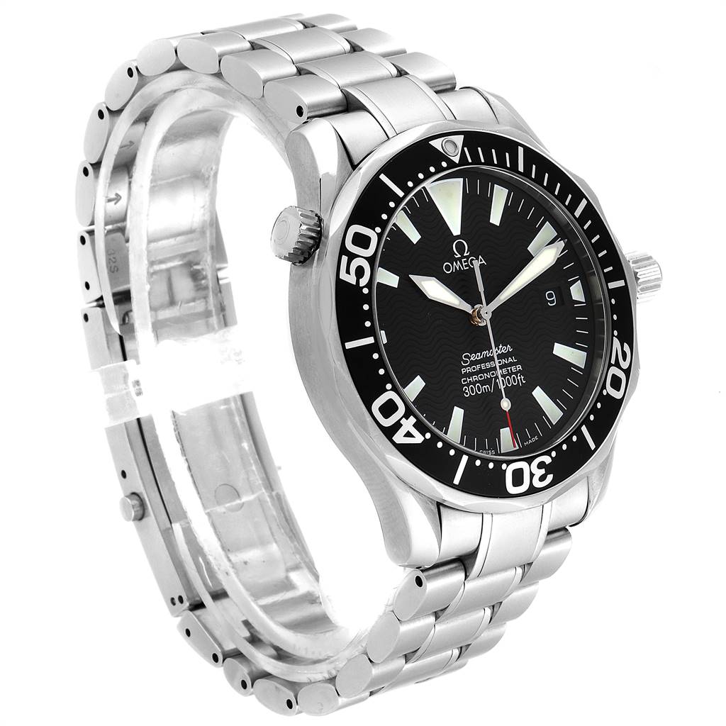 The Omega Seamaster 2254.50.00 Men
s Stainless Steel Black Dial 2254.50.00 Men
s Stainless Steel Black Dial watch is shown at a side angle, displaying both the face and stainless steel bracelet.