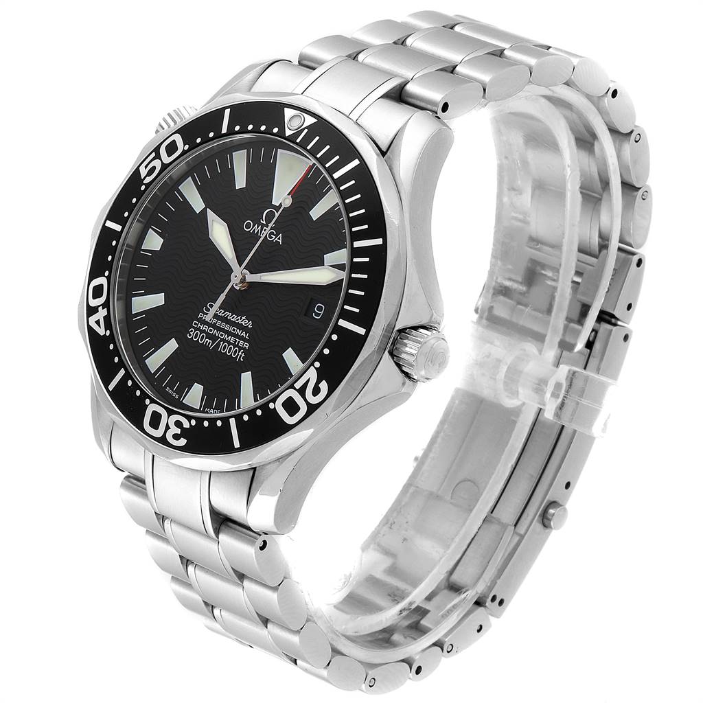 The image shows a side angle of the Omega Seamaster 2254.50.00 Men
s Stainless Steel Black Dial 2254.50.00 Men
s Stainless Steel Black Dial watch, highlighting the bezel, dial, case, and stainless steel bracelet.