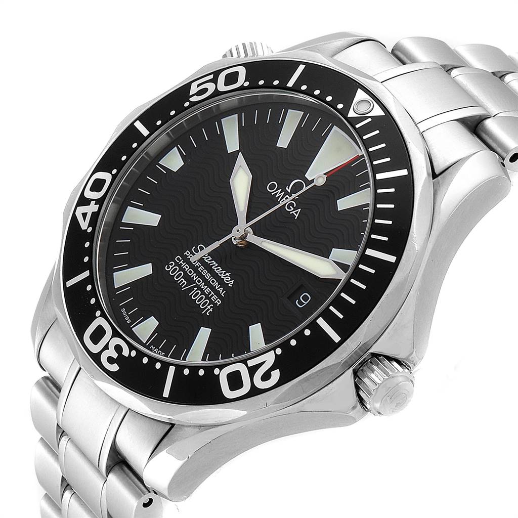 The image shows an angled view of an Omega Seamaster 2254.50.00 Men
s Stainless Steel Black Dial 2254.50.00 Men
s Stainless Steel Black Dial watch, highlighting the dial, bezel, and part of the bracelet.