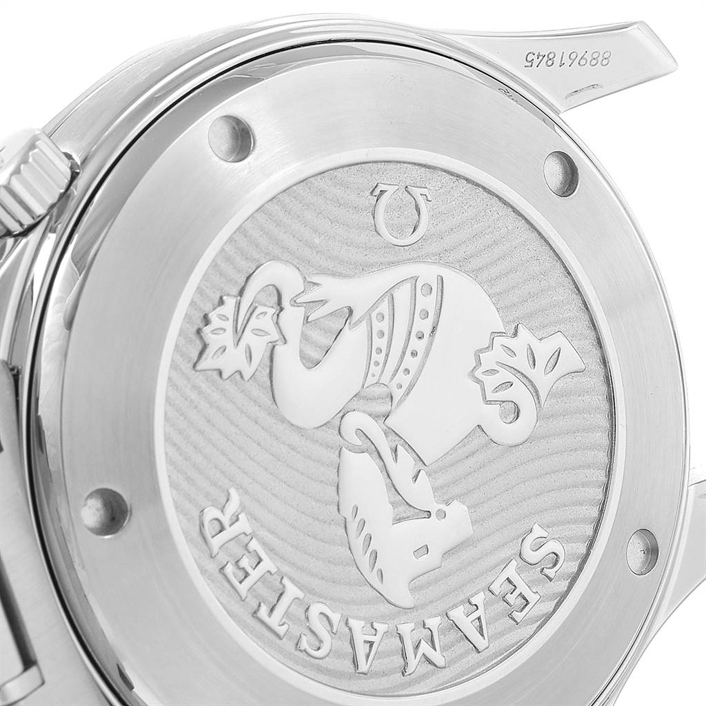 This image shows the back case of an Omega Seamaster 212.30.41.20.03.001 Men
s Stainless Steel Blue Dial 212.30.41.20.03.001 Men
s Stainless Steel Blue Dial watch, focusing on its embossed logo and surrounding details.