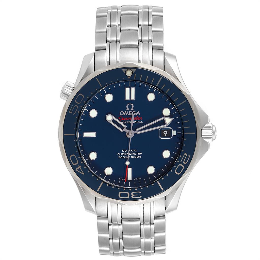 This image shows a front view of the Omega Seamaster 212.30.41.20.03.001 Men
s Stainless Steel Blue Dial 212.30.41.20.03.001 Men
s Stainless Steel Blue Dial watch, highlighting its dial, bezel, and stainless steel bracelet.