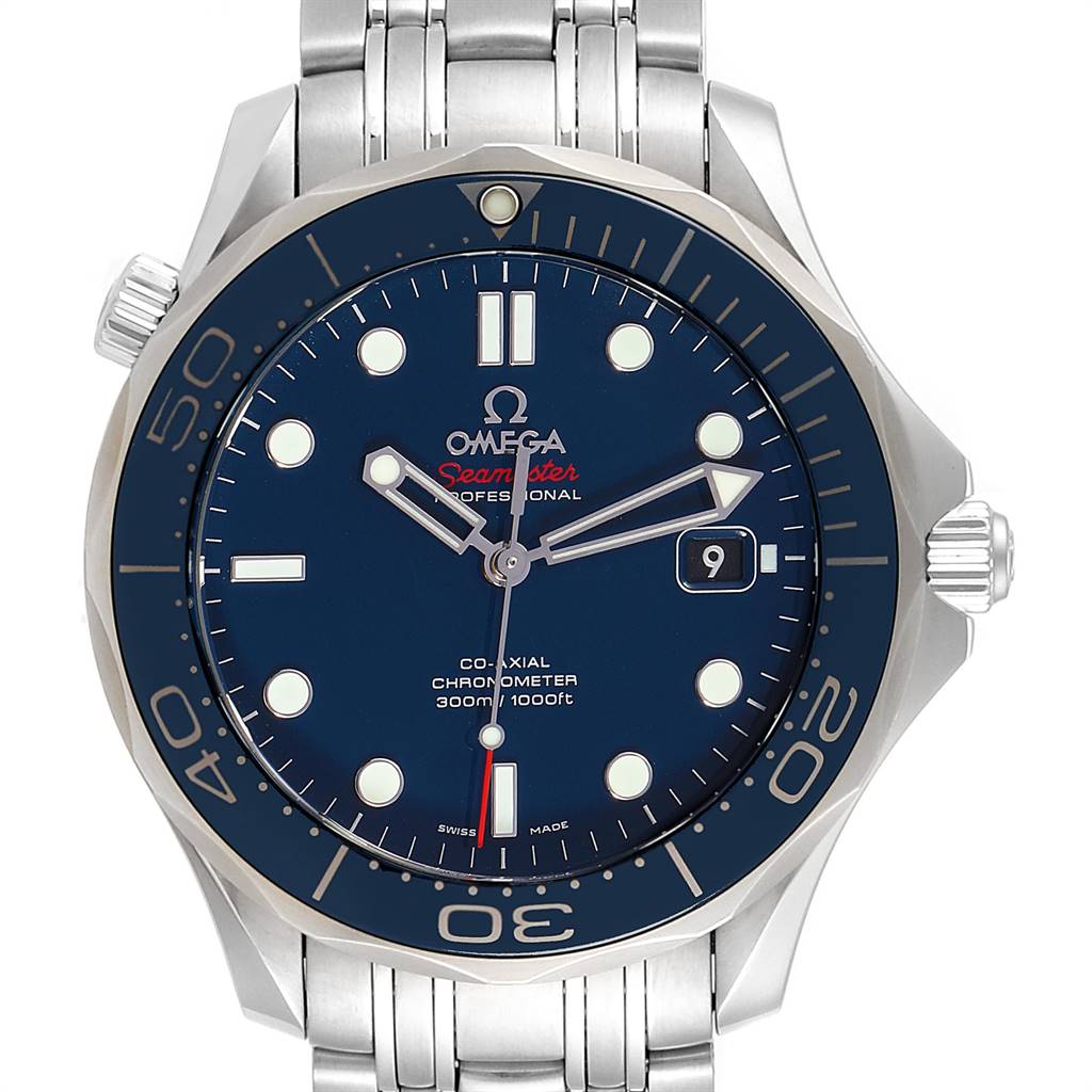 This image shows the front view of an Omega Seamaster 212.30.41.20.03.001 Men
s Stainless Steel Blue Dial 212.30.41.20.03.001 Men
s Stainless Steel Blue Dial watch, featuring the dial, bezel, and part of the bracelet.