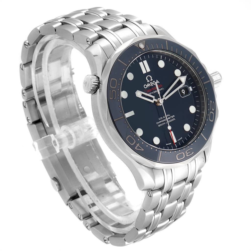 The image shows an angled view of an Omega Seamaster 212.30.41.20.03.001 Men
s Stainless Steel Blue Dial 212.30.41.20.03.001 Men
s Stainless Steel Blue Dial wristwatch, displaying its face, bezel, crown, and bracelet.