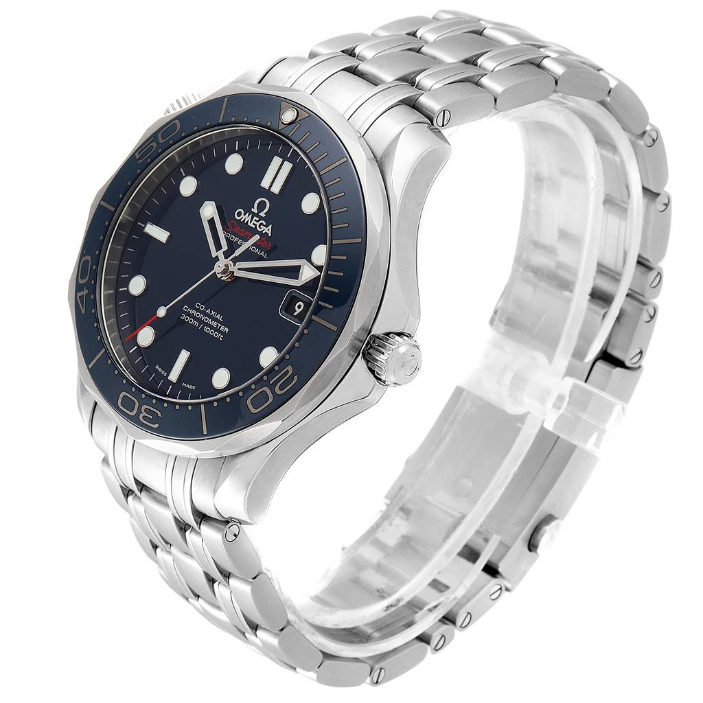 The image shows an Omega Seamaster 212.30.41.20.03.001 Men
s Stainless Steel Blue Dial 212.30.41.20.03.001 Men
s Stainless Steel Blue Dial watch from a 3/4 angle, displaying its face, dial, bezel, and stainless steel bracelet.