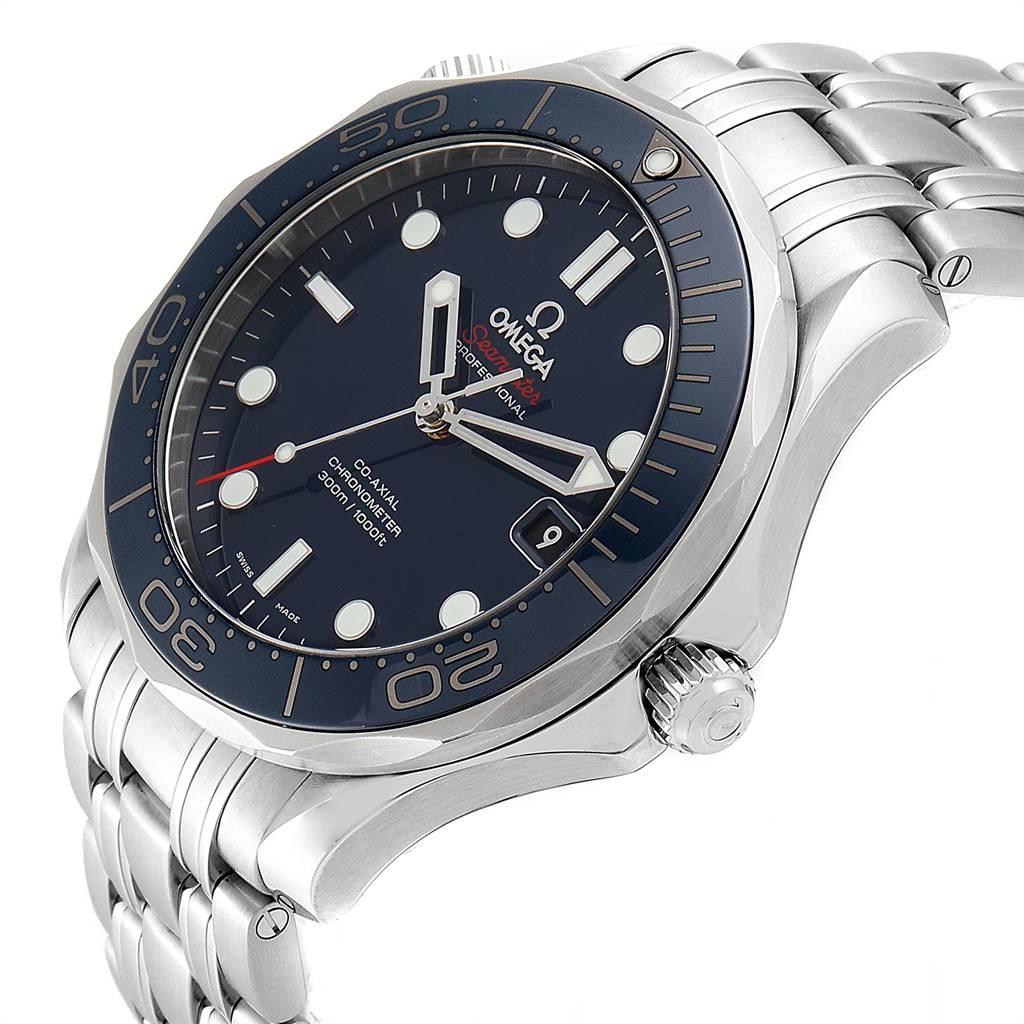 This image shows an angled view of the Omega Seamaster 212.30.41.20.03.001 Men
s Stainless Steel Blue Dial 212.30.41.20.03.001 Men
s Stainless Steel Blue Dial watch, highlighting its face, bezel, crown, and metal bracelet.