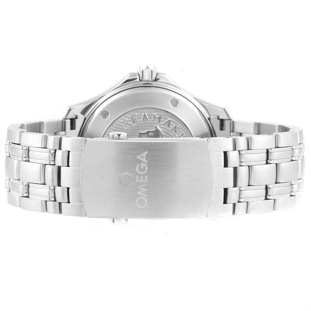 This image shows the back angle of an Omega Seamaster 212.30.41.20.03.001 Men
s Stainless Steel Blue Dial 212.30.41.20.03.001 Men
s Stainless Steel Blue Dial watch, focusing on the clasp and bracelet.