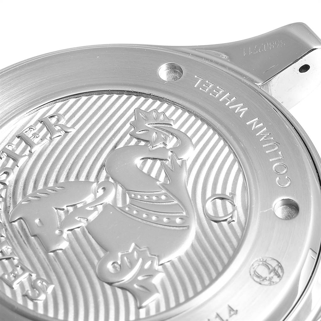 This image shows the case back of an Omega Seamaster 212.30.44.50.03.001 Men
s Stainless Steel Blue Dial 212.30.44.50.03.001 Men
s Stainless Steel Blue Dial watch, highlighting the engraved logo and text.