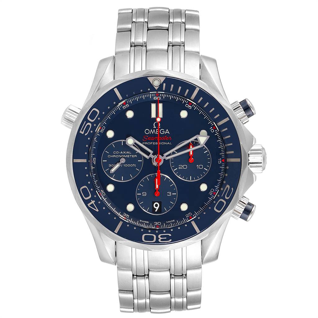 This image shows a front view of an Omega Seamaster 212.30.44.50.03.001 Men
s Stainless Steel Blue Dial 212.30.44.50.03.001 Men
s Stainless Steel Blue Dial watch highlighting the dial, bezel, and stainless steel bracelet.