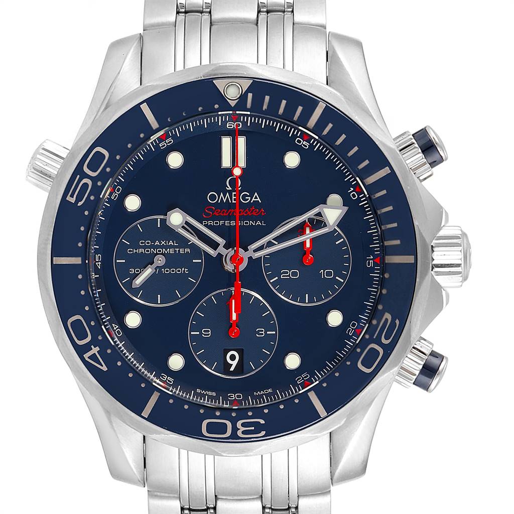 The image shows a front view of an Omega Seamaster 212.30.44.50.03.001 Men
s Stainless Steel Blue Dial 212.30.44.50.03.001 Men
s Stainless Steel Blue Dial watch with a blue dial and stainless steel bracelet.