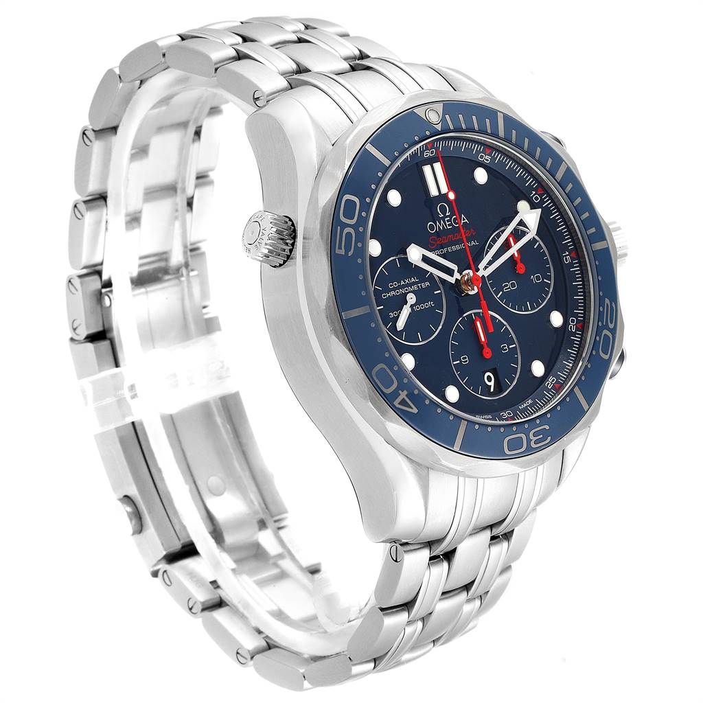 The image shows an angled side view of an Omega Seamaster 212.30.44.50.03.001 Men
s Stainless Steel Blue Dial 212.30.44.50.03.001 Men
s Stainless Steel Blue Dial watch, highlighting its bezel, dial, and bracelet.