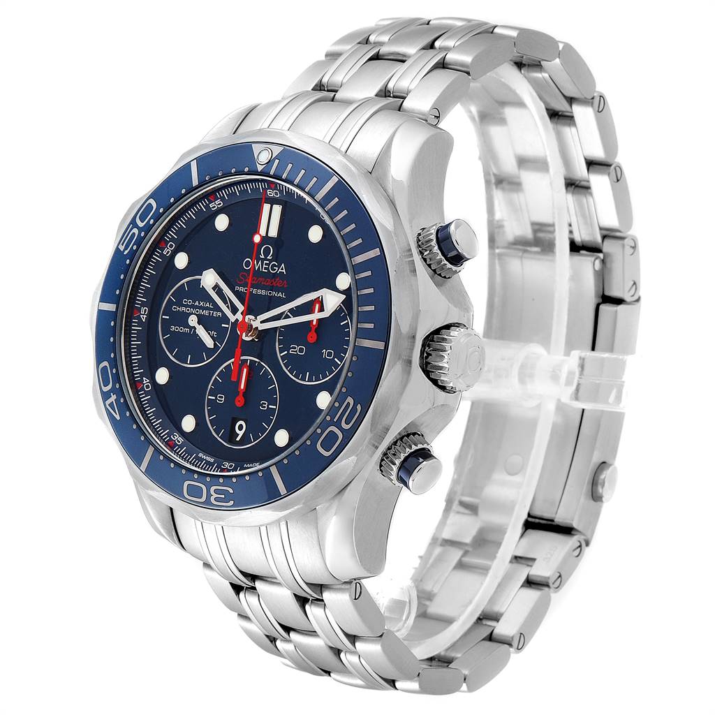 The image shows an Omega Seamaster 212.30.44.50.03.001 Men
s Stainless Steel Blue Dial 212.30.44.50.03.001 Men
s Stainless Steel Blue Dial watch from a side-front angle, highlighting the face, bezel, and metal bracelet.