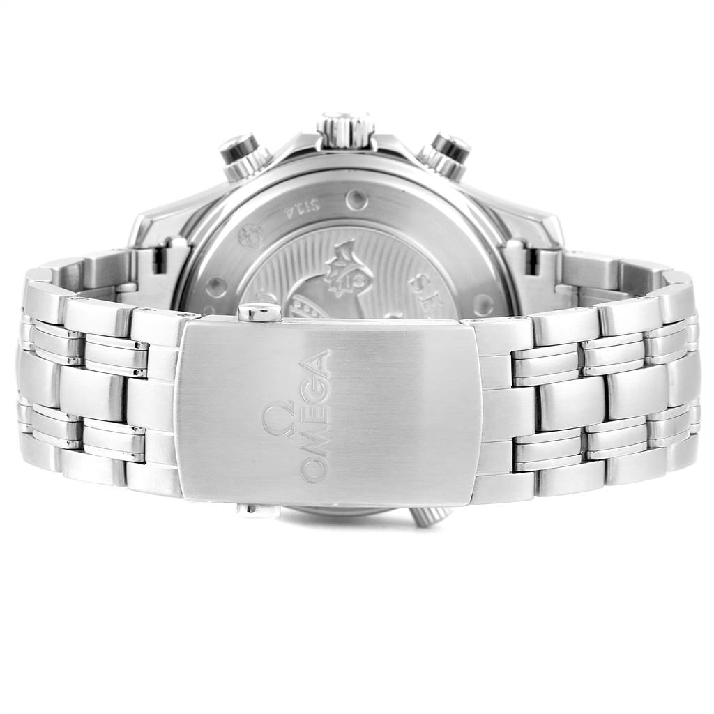 The image shows the back of an Omega Seamaster 212.30.44.50.03.001 Men
s Stainless Steel Blue Dial 212.30.44.50.03.001 Men
s Stainless Steel Blue Dial watch, focusing on the clasp and bracelet.