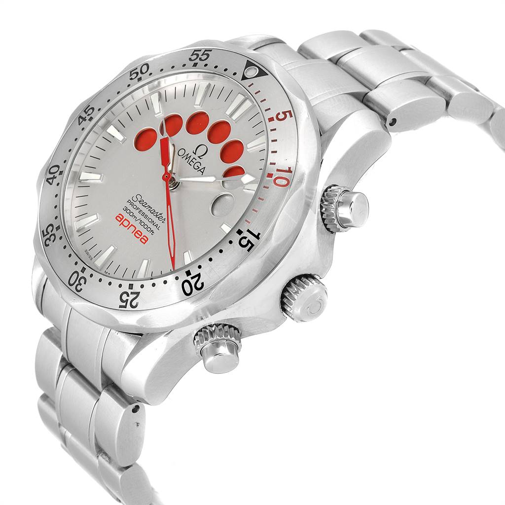 The image shows an Omega Seamaster 2595.30.00 Men
s Stainless Steel Silver Dial 2595.30.00 Men
s Stainless Steel Silver Dial watch angled to display the face, bezel, and side chronograph buttons.