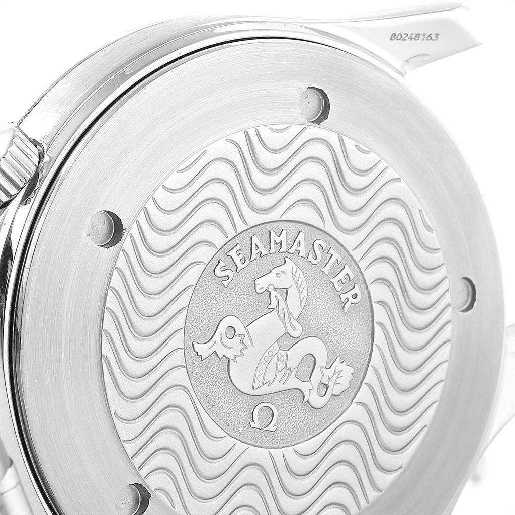 The image shows the engraved case back of the Omega Seamaster 2254.50.00 Men
s Stainless Steel Black Dial 2254.50.00 Men
s Stainless Steel Black Dial watch with its iconic wave pattern and hippocampus logo.