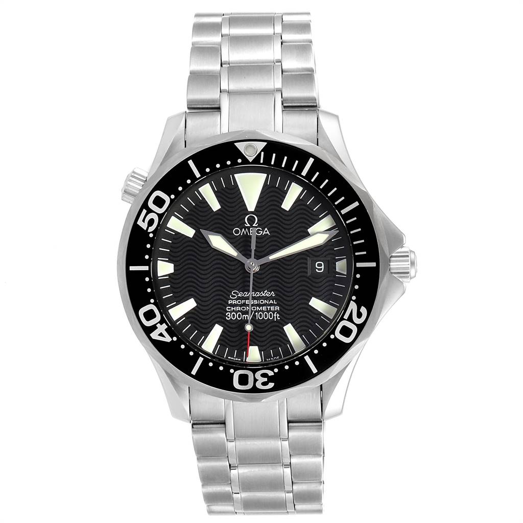 The image shows a front view of an Omega Seamaster 2254.50.00 Men
s Stainless Steel Black Dial 2254.50.00 Men
s Stainless Steel Black Dial watch, featuring its face, bezel, crown, and stainless steel bracelet.
