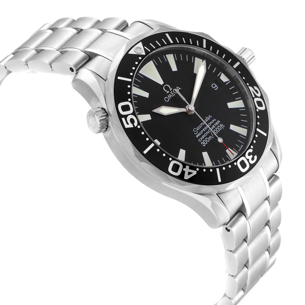 The image shows a side angle view of the Omega Seamaster 2254.50.00 Men
s Stainless Steel Black Dial 2254.50.00 Men
s Stainless Steel Black Dial watch, highlighting the face, bezel, crown, and stainless steel bracelet.