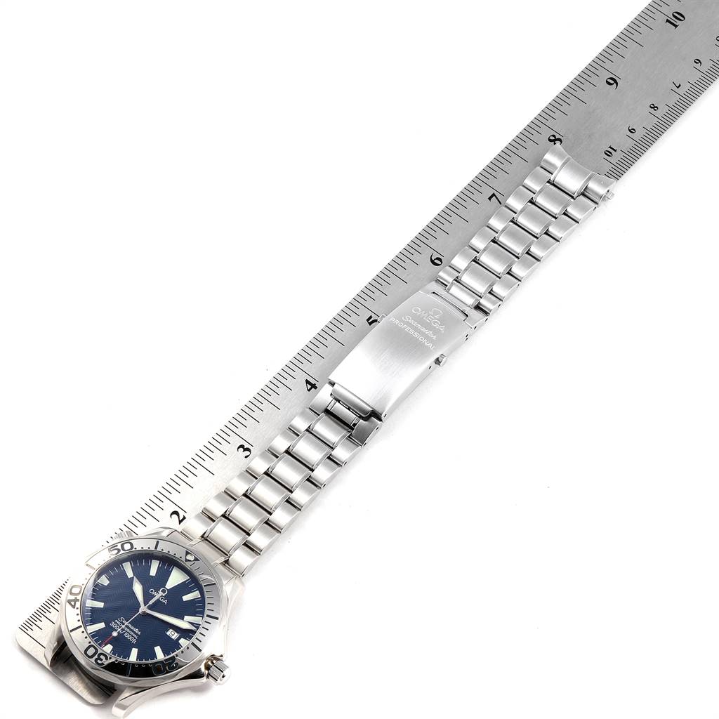 The Omega Seamaster 2265.80.00 Men
s Stainless Steel Blue Dial 2265.80.00 Men
s Stainless Steel Blue Dial watch is shown from a top-down angle, displaying the face, full bracelet, and clasp.
