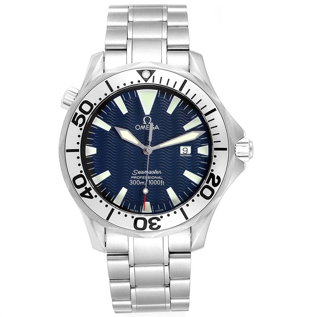 This image shows a front view of the Omega Seamaster 2265.80.00 Men
s Stainless Steel Blue Dial 2265.80.00 Men
s Stainless Steel Blue Dial watch, displaying the dial, bezel, crown, and metal bracelet.