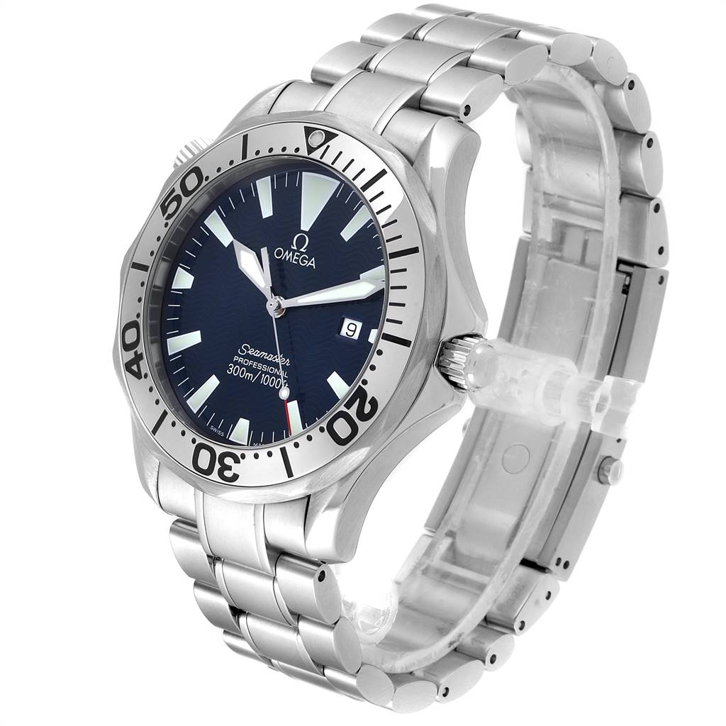 The image shows an angled view of an Omega Seamaster 2265.80.00 Men
s Stainless Steel Blue Dial 2265.80.00 Men
s Stainless Steel Blue Dial watch, displaying the face, bezel, crown, and a portion of the stainless steel bracelet.