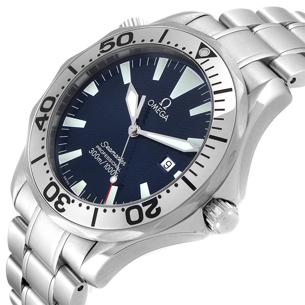 The image shows an angled view of an Omega Seamaster 2265.80.00 Men
s Stainless Steel Blue Dial 2265.80.00 Men
s Stainless Steel Blue Dial watch, displaying its dial, bezel, and part of the bracelet.