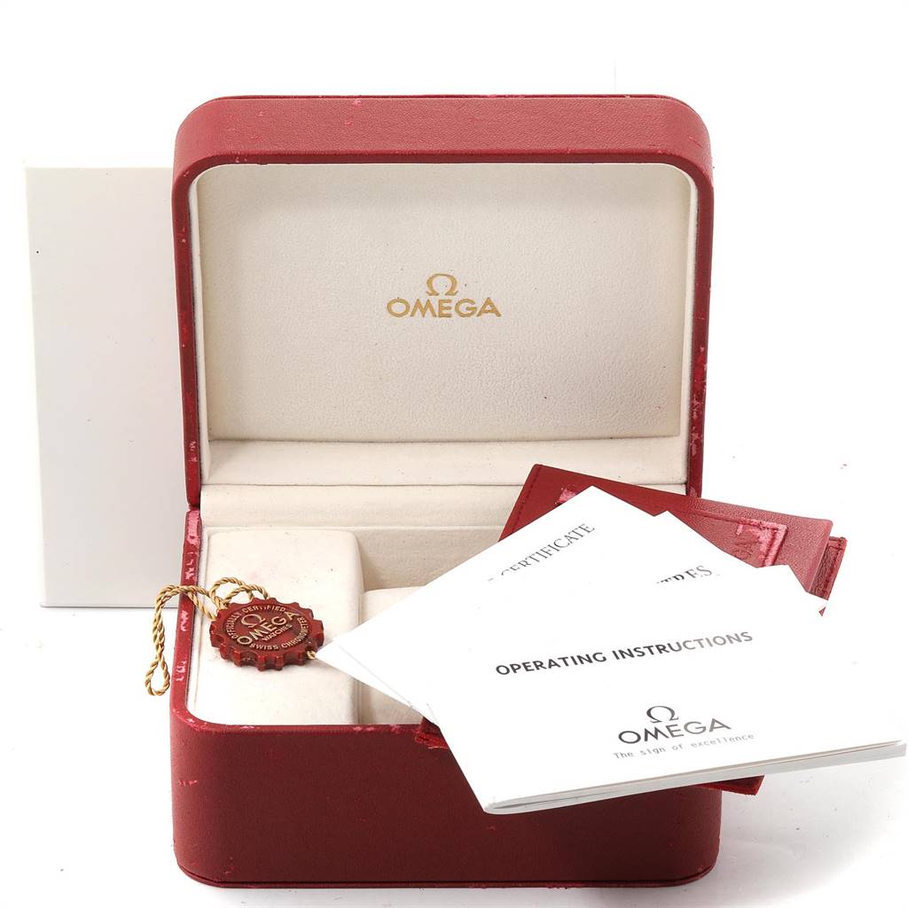 This image shows an Omega Seamaster 2534.50.00 Men
s Stainless Steel Black Dial 2534.50.00 Men
s Stainless Steel Black Dial watch box open with accompanying manuals and a certificate.