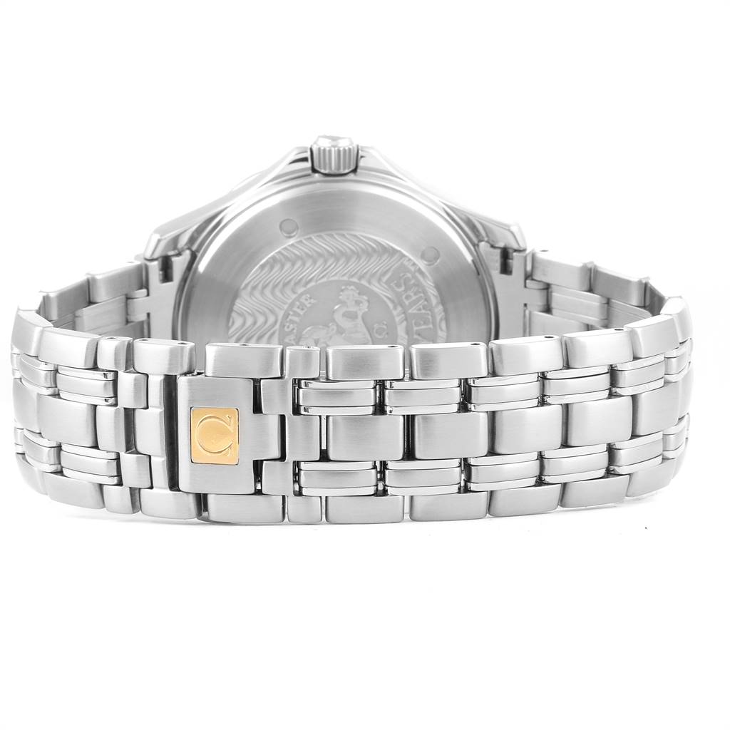 The image shows the back view of an Omega Seamaster 2534.50.00 Men
s Stainless Steel Black Dial 2534.50.00 Men
s Stainless Steel Black Dial watch, highlighting the case back and metal bracelet.